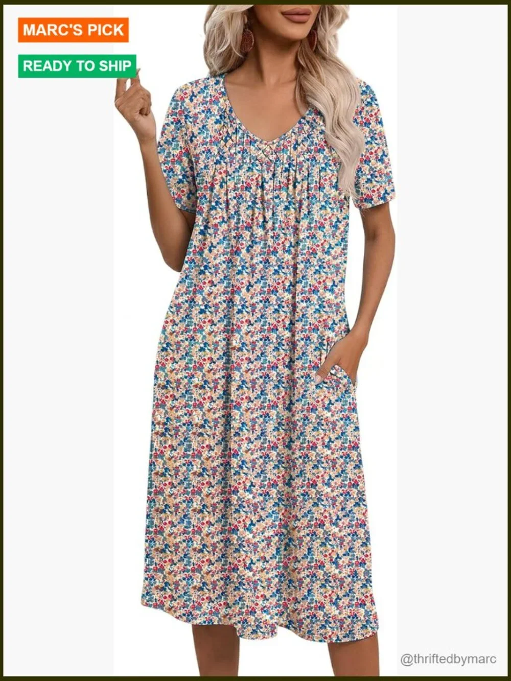 Loose Fit Nightgown with Pockets Short Sleeve Lounge Dress Pleated Front Midi